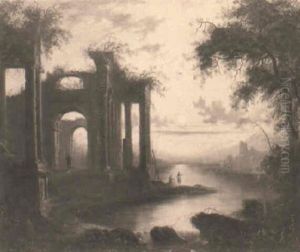Classical Ruins In A Moonlit Lake Landscape