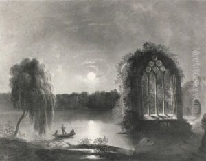 A Moonlit Lake Landscape With A Ruined Church And Boys Fishing From A Boat