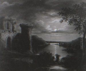 Figures By A Castle In A Moonlit River Landscape by Sebastian Pether