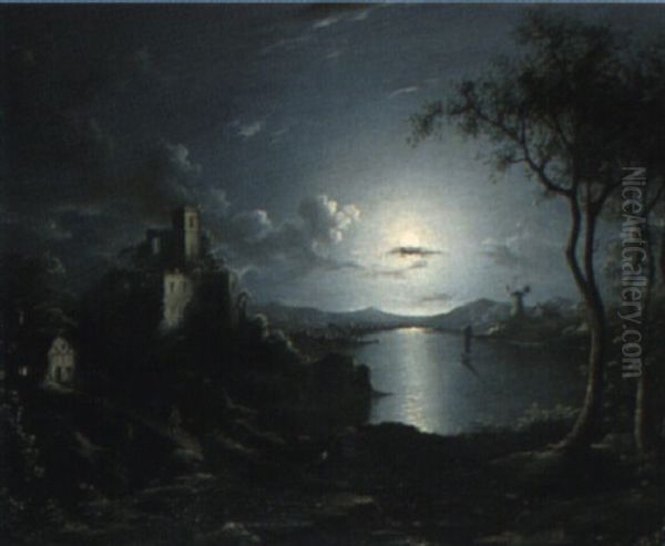 A Moonlit Wooded River Landscape With A Ruined Abbey - view 1