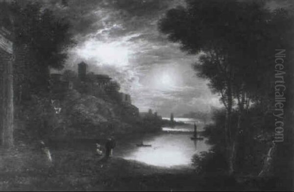 Moonlit River Landscape With Figures - view 1