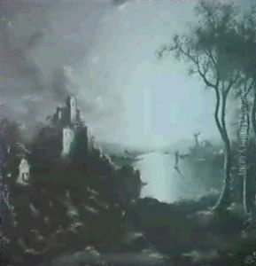 Moonlit River Landscape With A Figure Crossing A Bridge by Sebastian Pether