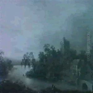 An Evening River Landscape With A Punt, A Bridge And A Church by Sebastian Pether