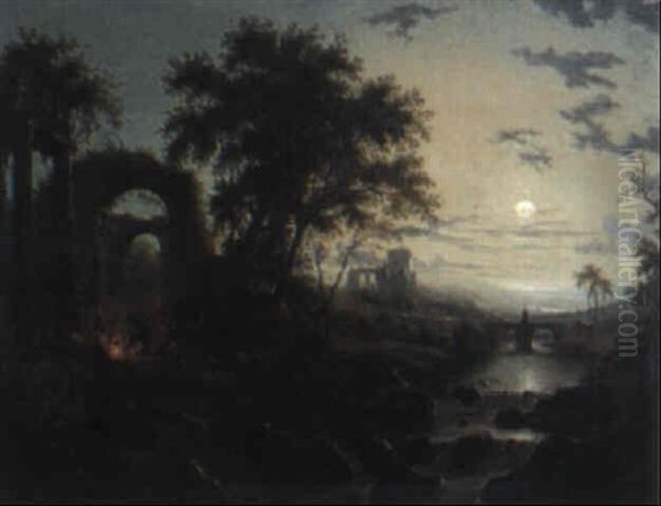 Moonlit River Landscape With Classical Ruins And Figures By A Fire - view 1