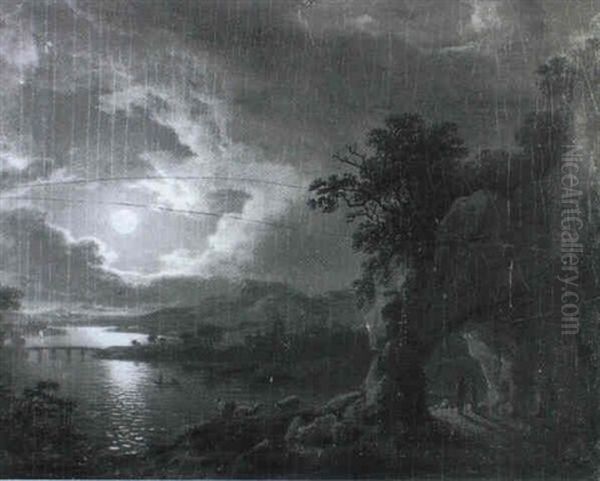 An Extensive River Landscape By Moonlight - view 1