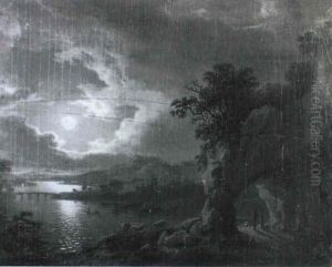 An Extensive River Landscape By Moonlight