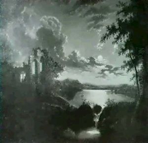 Seelandschaft Mit Einer Ruine Im Mondlicht