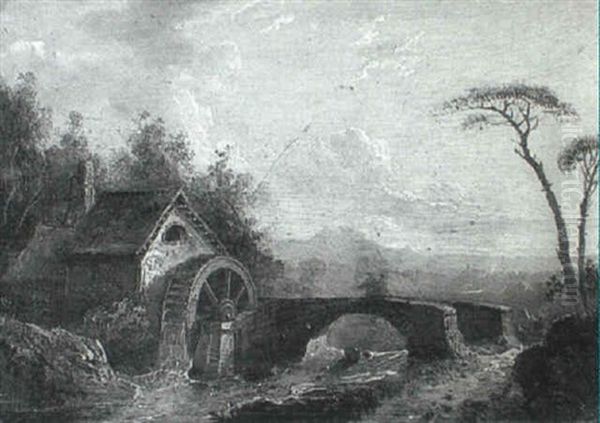 Figures On A Bridge By A Watermill, A Landscape Beyond - view 1
