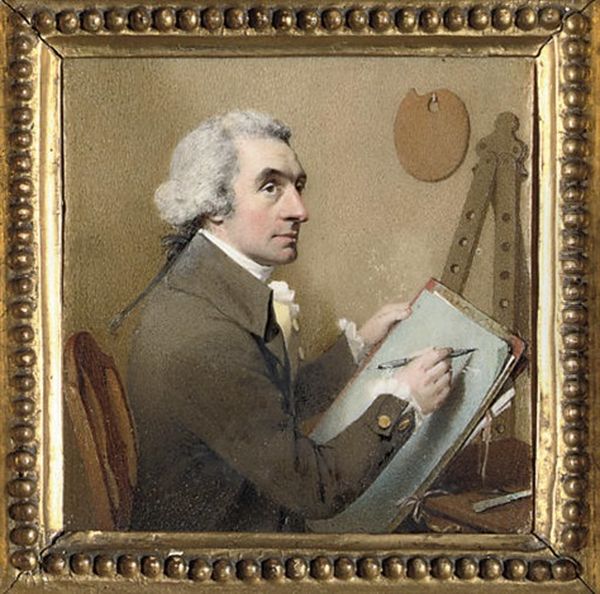 A Self-portrait Of The Artist, Seated At His Drawing Board Holding A Pencil; Easel And Palette In Background - view 1