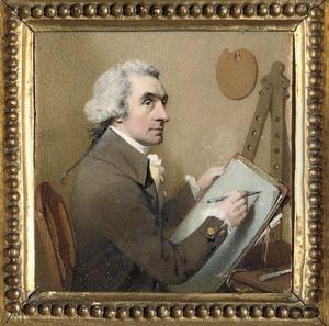 A Self-portrait Of The Artist, Seated At His Drawing Board Holding A Pencil; Easel And Palette In Background