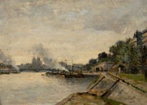 Two River Landscapes With City Views Across The Water (double-sided Painting) by Jules Petillion