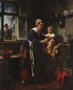 Interieur Anime D'une Scene De Famille Avec Mere Et Enfant, Le Jardinier A La Fenetre by Charles Petit