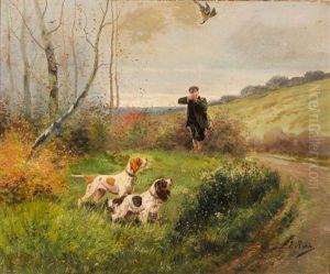 Jager Auf Entenjagd Mit Zwei Jagdhunden In Herbstlicher Landschaft by Eugene Petit