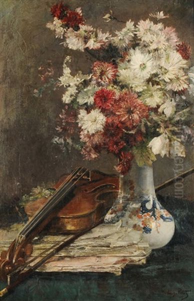 Blumenstilleben In Chinesischer Vase Mit Violine - view 1