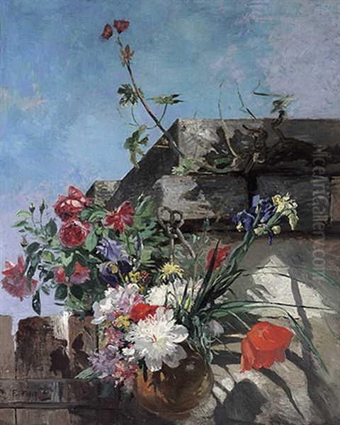 Topf Mit Fruhlingsblumen, An Einer Mauer Hangend - view 1
