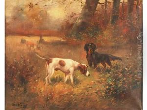 Deux Chiens De Chasse Dans La Campagne by Eugene Petit