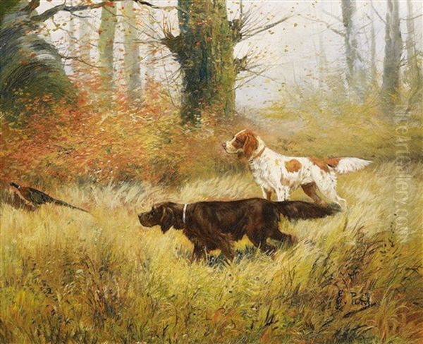 Im Herbstwald. Jagdhunde Stellen Einen Fasan - view 1