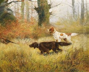 Im Herbstwald. Jagdhunde Stellen Einen Fasan by Eugene Petit