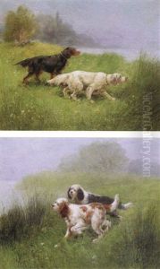 Chiens De Chasse A L'arret Dans Les Hautes Herbes (+ Another, Similar; Pair) by Eugene Petit