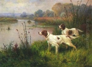 Epagneuls A L'arret Au Bord De L'etang by Eugene Petit