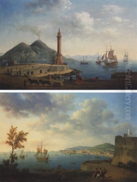 Vue Du Mole Et Du Phare De Naples Avec Le Vesuve A L'arriere-plan - view 1