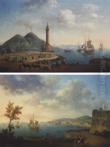 Vue Du Mole Et Du Phare De Naples Avec Le Vesuve A L'arriere-plan by Pierre Joseph Petit