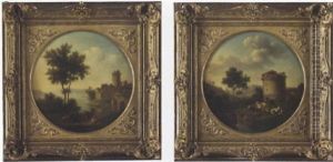 An Italianate Landscape With Travelers; An Italianate Landscape With A Shepherd And His Flock By A Stream by Pierre Joseph Petit