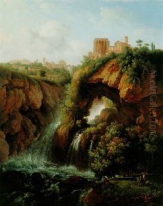 View Of The Cascade And Temple Of The Sibyl At Tivoli With An Artist Painting And Other Figures by Pierre Joseph Petit