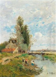 River Landscape With Washerwomen In The Foreground by Edmond Marie Petitjean