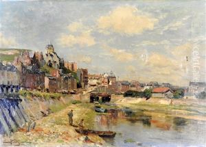 View Of A River Running Through A Town In Northern France With Boatmen In The Forground