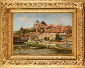 Village Aux Toits Rouges En Bord De Riviere by Edmond Marie Petitjean
