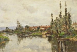Flusslandschaft Mit Am Ufer Gelegenem Dorf