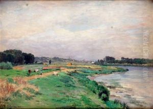 Paysage De L'est De La France, Avec Riviere, Bergere Et Son Troupeau