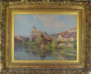Village With Church Scene Looking Across River Village With Church Scene Looking Across River