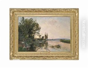 A Washerwoman On The River At Dusk by Edmond Marie Petitjean