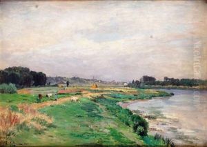 Paysage De L'est De La France Avec Riviere, Bergere Et Son Troupeau Paysage De L'est De La France Avec Riviere, Bergere Et Son Troupeau