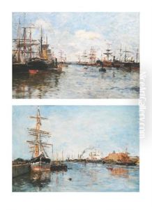 Bateaux En Rade (pair) by Edmond Marie Petitjean