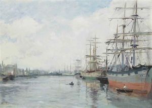 Trading Vessels Moored In A French Harbour by Edmond Marie Petitjean