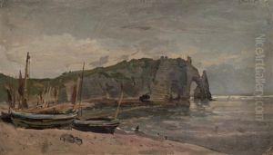 Bateaux Sur La Plage Pres Des Falaises D'etretat by Edmond Marie Petitjean