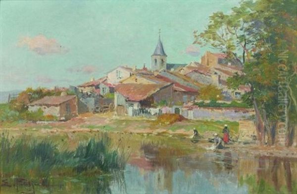 Vue De Village Avec Lavandieres En Bord De Riviere - view 1