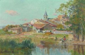 Vue De Village Avec Lavandieres En Bord De Riviere