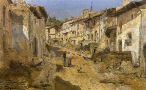 Rue De Village Lorrain Anime by Edmond Marie Petitjean