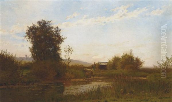 A Cow Watering In A Tranquil Lake Landscape - view 1
