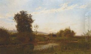 A Cow Watering In A Tranquil Lake Landscape by Edmond Marie Petitjean
