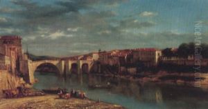 Italienische Stadt An Einem Fluss Mit Brucke Und Wascherinnen by Edmond Marie Petitjean