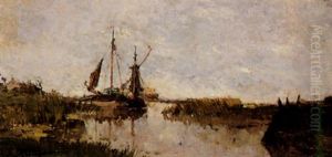 Paysage De Hollande, Barques A Flots Paysage De Hollande, Barques A Flots