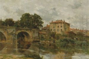 Franskt Flodlandskap Med Bro Och Stadsvy by Edmond Marie Petitjean