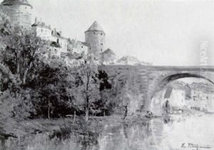Pont D'une Ville Fortifiee by Edmond Marie Petitjean