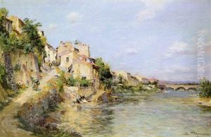 Les Lavandieres Au Bord De La Riviere by Edmond Marie Petitjean