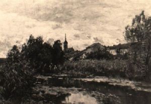 Kirchdorf An Einem Altwasser Hinter Schilf Und Baumen